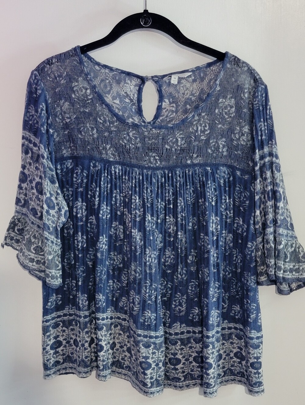 Lucky Brand Boho Indigo Floral Smocked Yoke Top